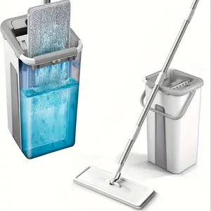 Wet and Dry Mop Set with  Scraper and Bucket, Suitable for Floors in Kitchen, Bathroom, Bedroom and Living Room. Plastic and Stainless Steel Handle, Rotatable and Washable Mop System, Cleaning Tool.