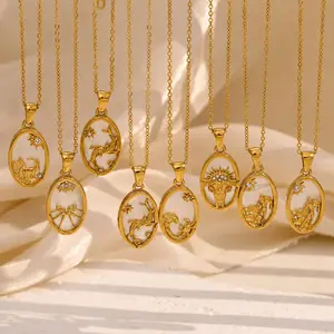 Women's Gold-Tone Zodiac Oval Pendant Necklace - Stainless Steel Chain, Shell-Like Background, Raised Sign Motif Costume Jewelry Gift