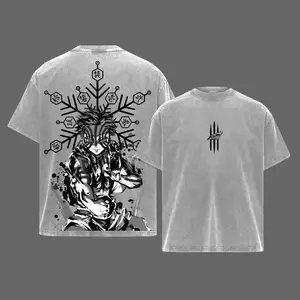 Demon Slayer Akaza Symbol Back Print Vintage Washed Oversize Heavyweight Cotton Graphic T-Shirt Double Print Streetwear Unisex