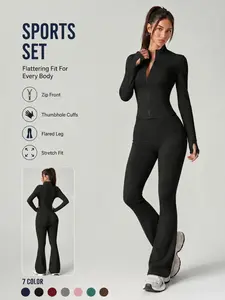 Women's 2 Piece Set Solid Color Long Sleeve Flare Pants Sports Set Zip Up Jacket Comfortable Breathable Stretchy High Waist Butt Lifting Thumb Holes Design Body Shaping Yoga Outfit Gym Training Outdoor Running Cycling Daily Casual Versatile Activewear Set