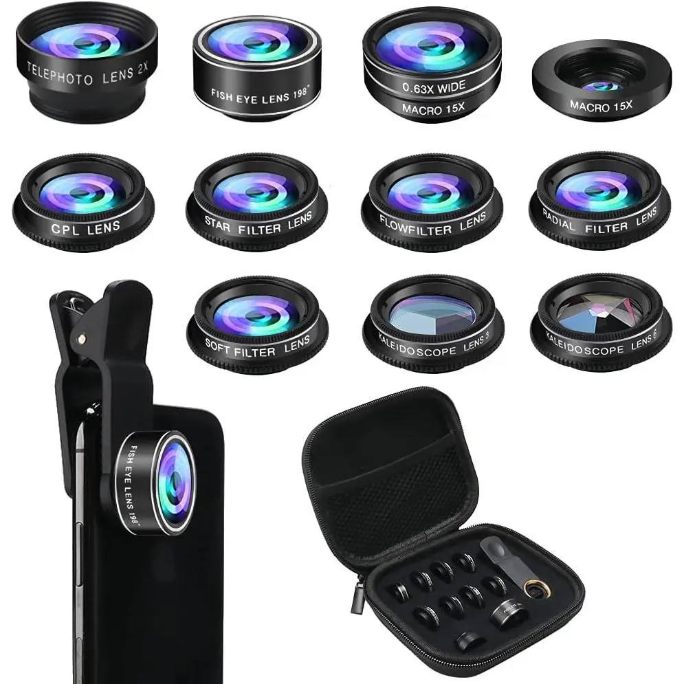Phone Camera Lens Kit, 11 in 1 Cellphone Lens Kit for iPhone and Android, 0.63X Wide Angle+15X Macro+ 198°Fisheye+Telephoto+CPL/Flow/Radial/Star/Soft Filter+Kaleidoscope Lens