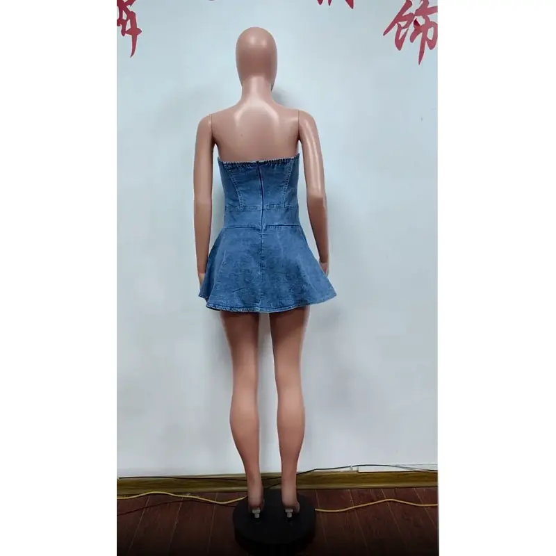 two-piece set woman Lovely Girl Jeans Mini Club Dress Sexy Lady Strapless  Elegant Black Denim Skater Party Dress - TikTok Shop