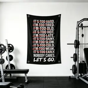 Nobody Cares Let's Go Gym Motivation Banner – Bold Black White Red Typography Design, 2D Single-Sided Polyester Flag with 4 Metal Grommets, Easy Hanging Decor Wall Backdrop for Home Gym, Fitness Room, Garage Workout & Dorm Wall