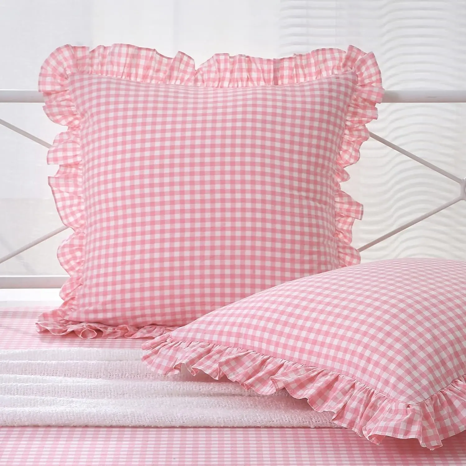 2 Pack Coral Pink White Gingham Ruffle Euro Shams Pillow Covers, 100% Washed Cotton Plaid Checkered Farmhouse Shabby Pillowcases for Bed/Sofa - 26"x26"