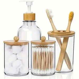 4-Piece Bamboo Bathroom Accessories Set—Plastic Soap Dispenser, Clear Toothbrush Holder, and 2 Cotton Ball Storage Jars, Bathroom Organizer