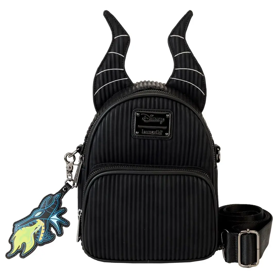 Loungefly Disney Sleeping Beauty Maleficent Dragon Convertible Backpack - Collectible Faux Leather & Corduroy Mini Crossbody Bag for Fans, Party, Black Backpack, Convertible Rucksack, Carrying Backpack