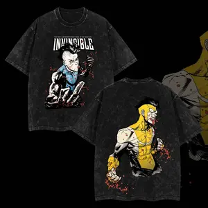 Superstyle Limited Edition Mohawk vs Mark Invincible War Comic Double Printed Oversize Lightweight Acid Washed Tee TV Series Graphic Tee T-Shirt