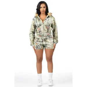 Sidney Tree Camo Zip Up Short Set with Fur Hood