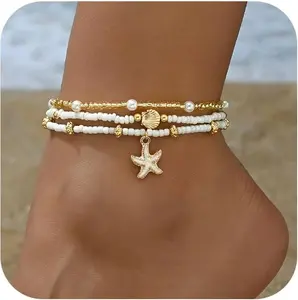 Bead Ankle Bracelets Set for Women, Adjustable  Boho Shell Anklet, Hawaiian Beach Seashell  Disc Starfish Conch Foot , Summer Fashion Gifts