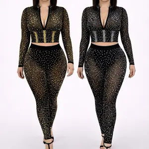 Midnight Sparkle Curve Set Fit Elegance Elegant Clothes Womenswear Zipper Sparkle Rhinestone-Style Detailing High-Stretch Mesh Blend Perfect for Night Out Party