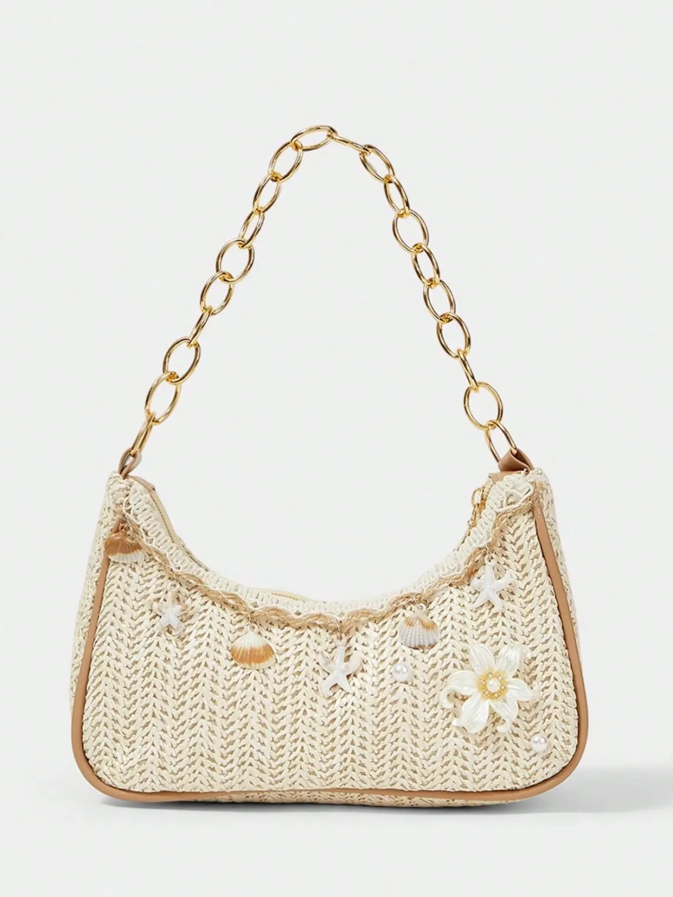 Boho Style Straw Shoulder Bag, Boho Shoulder Bags, Bohemian Casual Purse, Handmade Beaded Sequins Lily Shell DIY Decor, Perfect for Vacation/daily Use, All Seasons