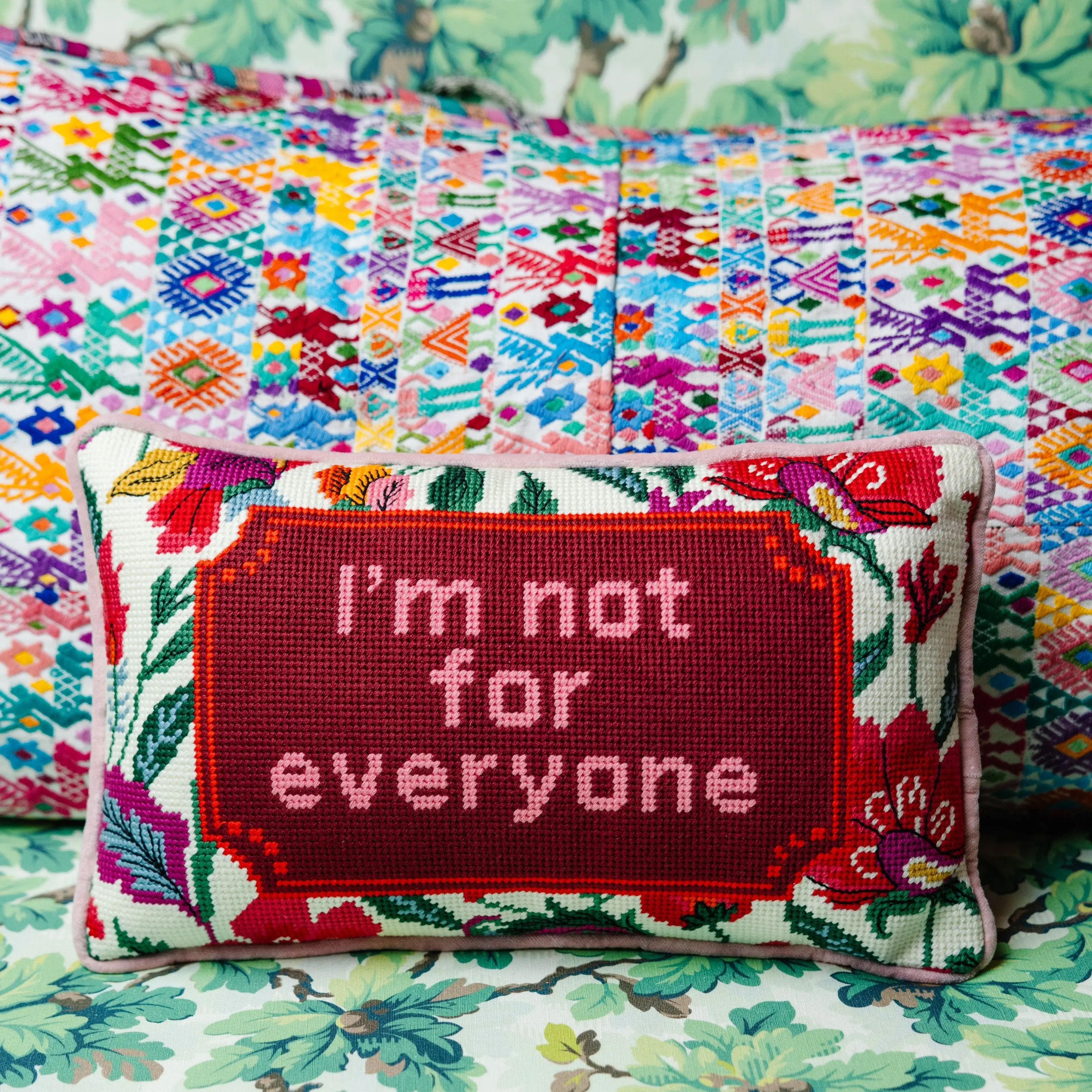 Velvet Embroidered Design Standard Pillow - 9x15 in, Colorful Graphic Embroidered Design, Unique Quotes, Letter Print, Perfect Gift for Curated Home Decor