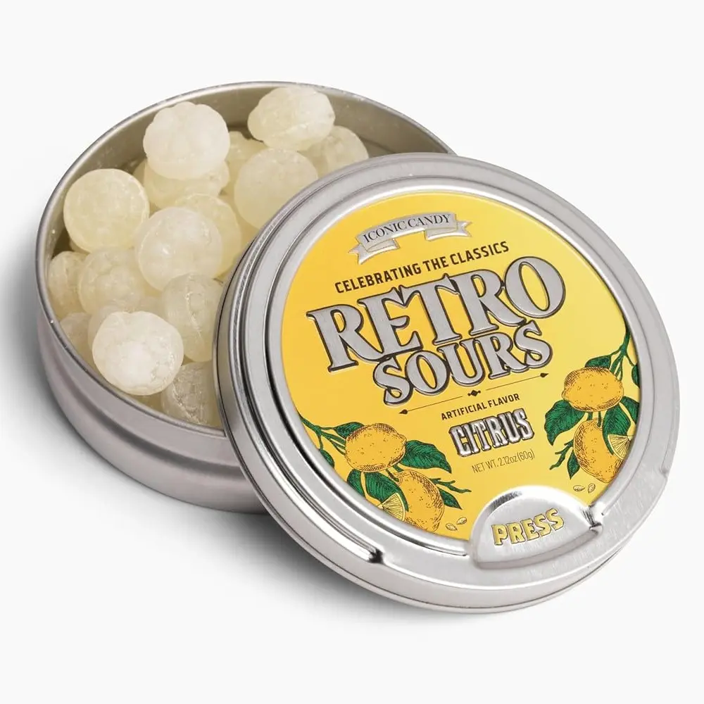 Retro Sours Citrus Hard Candy (1 - 2.12oz Tin) – Tangy Sour Candy Tin, Classic Fruit Candy, Nostalgic Retro Treat