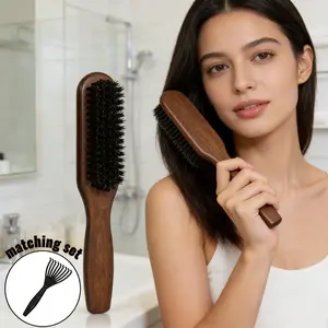 2-Pack Natural Bristle Comb Set, Detangle & Style Hair, Dry/wet Use, Wooden Handle, Unisex, Ideal for Home & Salons, Multi-Functional Hair Tool