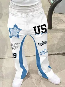 Men's New York Stars Print Casual Pants, Basketball Element Trendy Loose Patchwork Flare Long Pants, Comfortable and Stylish, Sports Bottoms, Wideleg Bottoms