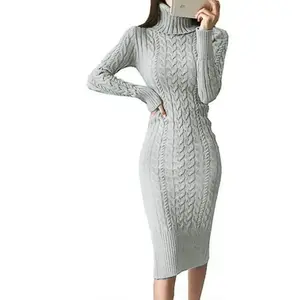 Women’s long-sleeve turtleneck knitted bodycon midi sheath jumper dresses, summer casual