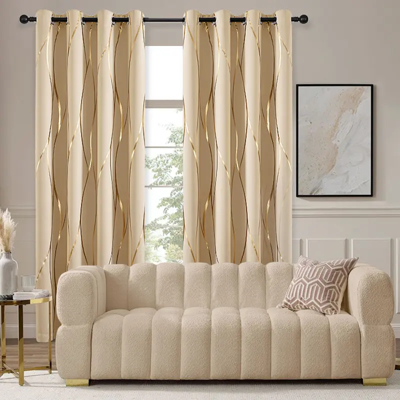 2PCS Wave Gold-Plated Thick Darkening Curtains, Multi-Color Rope Ring Perforated Curtain Cloth, Insulation Machine-Washable for Living Room, Bedroom Decor, Office Use