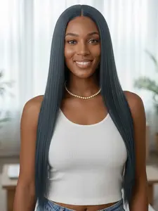 Ash Blue Wig 26 Inch Long Straight Hair 13x4, High-Quality Synthetic Fiber, Natural Looking Style, Perfect for Daily Wear & Special Occasions