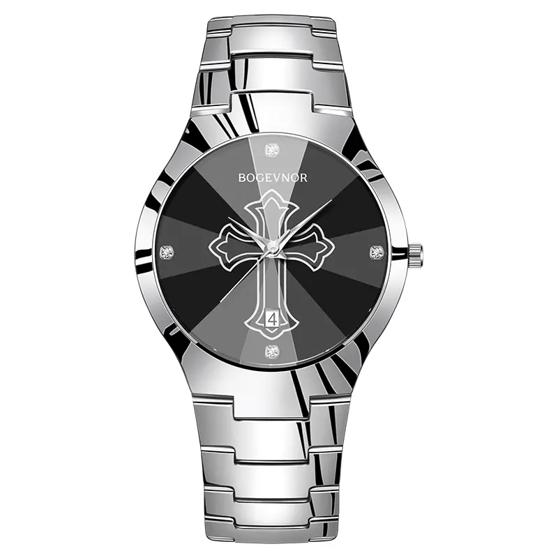 Men's and Women’s Watch Cross Design, Waterproof Stainless Steel Band, Business Casual Style, Sapphire Crystal, Perfect Gift for Birthdays, Christmas, and Halloween Quartz Chronograph Rhinestone