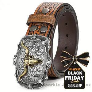 SM1pc Men's Western Leather Belt, Cowboy Embossed Belts with Longhorn Bull Pattern Buckle for Jeans Pants Styling BrownTPMA