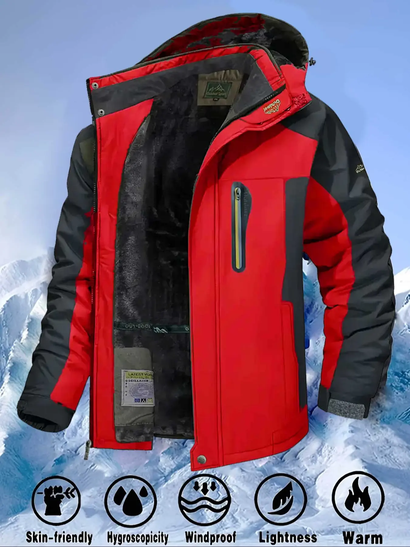 Men's Waterproof Hiking Wool Jacket, Warm Outdoor Ski Hoodie, Ideal for Ice Skating & Cold Weather Activities, Fall Winter Classic Style Fitted Coat, Skiing Jacket