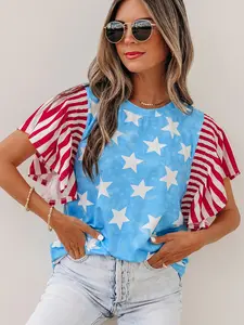 Women's 4th of July Patriotic Blouse - Cute Star Print, Striped, Flutter-Sleeve, Short-Sleeve, Casual, Comfortable Style 4th of July Shirts