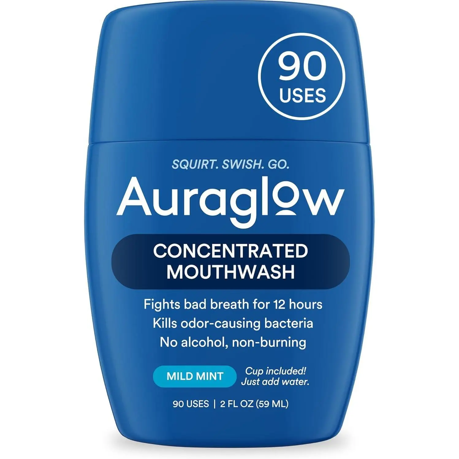Auraglow Mouthwash Concentrate, 90 Uses, Alcohol-Free Formula, Travel Size, Includes Cup Just add Water, Fights Bad Breath for 12 Hours, Kills Odor-Causing Bacteria, Non Burning, 2 Fl Oz