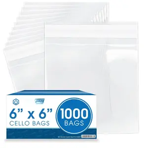 6" X 6" Self-Sealing Cellophane Bags (1000 Count) Clear Cookie Bags With Seal for Decorated Cookies, , Candy - Resealable Adhesive Flap -