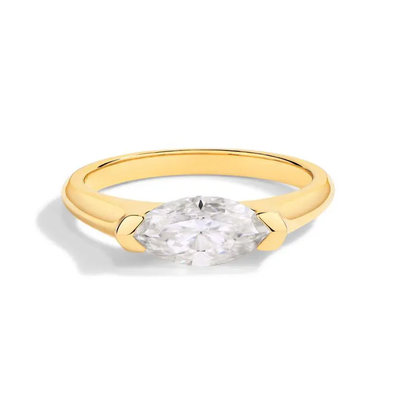14K Gold-Plated East-West Oval Faceted Center Ring with Smooth Tapered Band for Women
