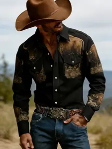 Men's Western Style Long Sleeve Collared Shirt, Bison Totem Print, All Seasons, Polyester, Durable, Wrinkle-Resistant, Outdoor Casual Wear