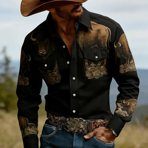Men's Western Style Long Sleeve Shirt, Long Sleeved, Bison Totem Print, Background, Casual Slim-Fit, Outdoor Leisure Wear, All Seasons