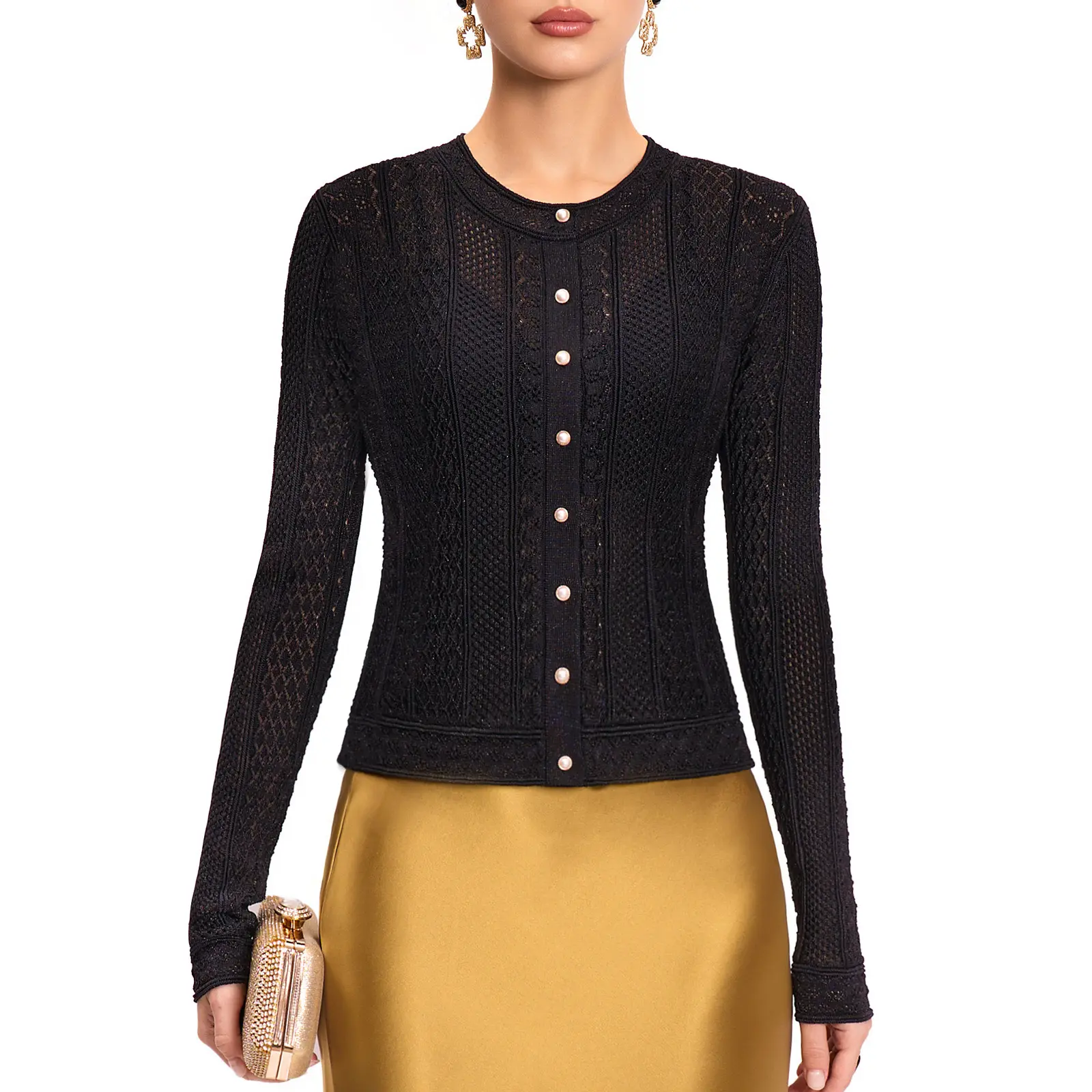 Women's Victorian-Inspired Cropped Cardigan Sweater with Pearl Buttons & Golden Thread for Elegant Occasions