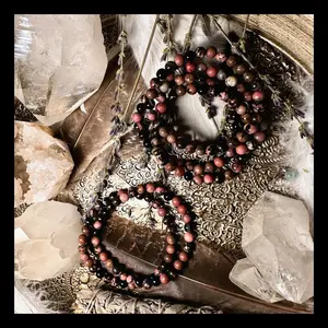 Rhodonite & Black Agate Bracelet, Stretch Crystal Beaded Bracelet