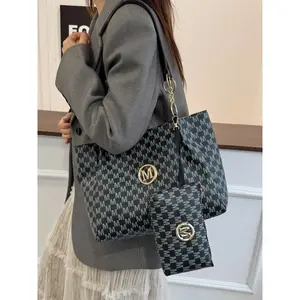 Women's Letter Pattern Stylish Tote Bag Set, Large Capacity Shoulder Bag with Detachable Pouch, Fashionable Lightweight PU Leather Handbag