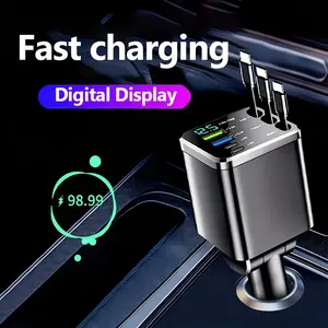 7-in-1 retractable car charger support with fast adapter charging, 70 cm retractable cable, adjustable PD fast charge, voltage monitor, self-retracting cord, dual ports for iPhone, iPad, AirPods, Samsung, Google Pixel