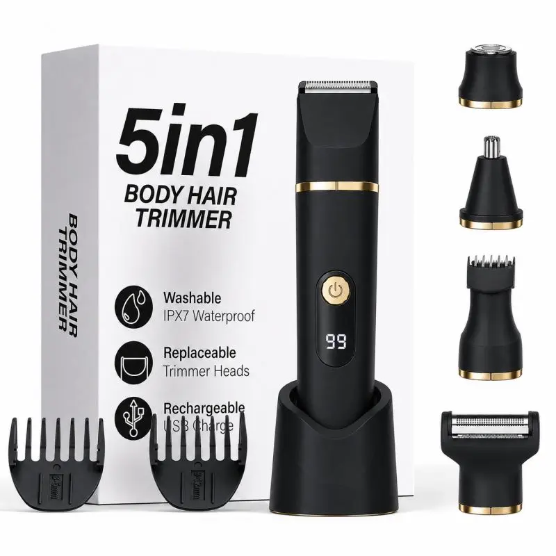 5-in-1 Plastic Electric Body Hair Trimmer for Men, Multifunction Grooming Kit - IPX7 Waterproof Cordless Razor for Groin, Bikini, Face, Nose, Wet & Dry Private Area Use (Black)