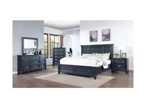 CM7470BL-4PC 4 pc Loon peak Manzanillo slate blue finsh wood paneled headboard queen bed set with footboard drawers