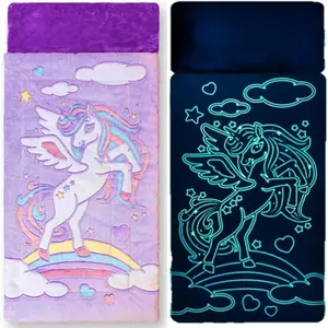 Unicorn Sleeping Bag for Kids – Glow in the Dark Kids Sleeping Bags Make Fun Unicorn Gifts for Girls. Perfect for Sleepovers, Camping, Plush Nap Mat for Preschool, with Pillow Pocket, 8+ Hour Glow