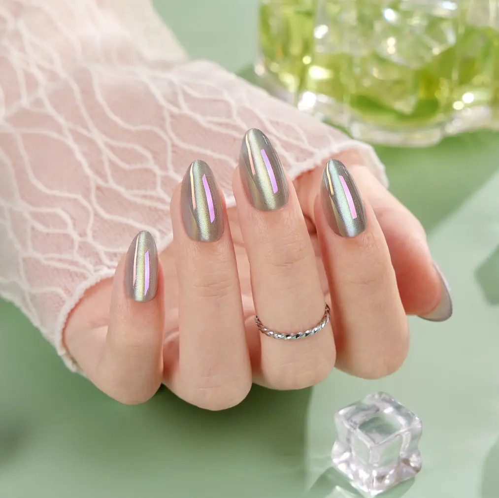 VSALON Press on Nails Short Almond - Chrome Cat Eye Nails Kit for Women | Holographic Effect Finish Light Green Sheer Salon Gel Fake Nails Reusable Summer Glue on Nails 32 PCS 16 Sizes