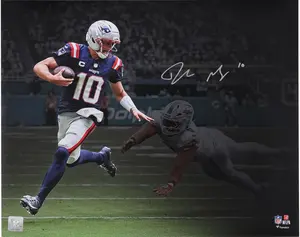 Drake Maye New England Patriots Autographed "16 x 20" Stiff Arm vs. Dolphins Spotlight Photograph - Fanatics Authentic Certified
