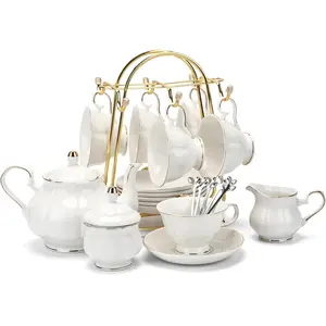 Set 22- Porcelain Ceramic Coffee   Sets Cups  Service for 6 Teapot Sugar Bowl Creamer Pitcher and Teaspoons (WHITE3)