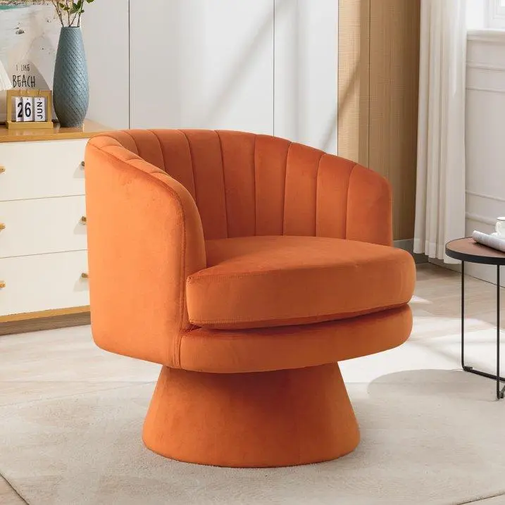 EBELLO Cozy Reading Chair - Cozy Berber Fleece Premium Accent Chair with Swivel Seat, 360° Rotating Mid-Century Modern Durable Fabric, Large Round Thick Base, Beige Chic Pumpkin Shape for Living Room, Reading Room Modern Fabric Chair