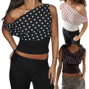 Women's Chic Summer One Shoulder Tops Sleeveless Slash Neck Dot Print Cropped Trendy Tank Tops Y2K
