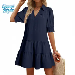 Casual Dresses for Women Lapel Collared V Neck Mid Sleeved Pleated Summer Dresses for Women  Midi Dresses