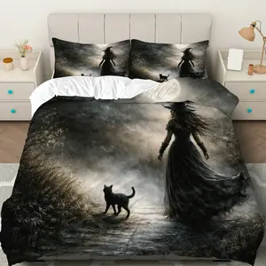 3PCS Duvet Cover Set, Bed Sets Supplies, 1 Duvet+2 Pillowcases(Without filler), Witch Moon Night Cat Fantasy theme, Halloween bedding set, Gothic Comforter Suitable for decoration home spaces, Gothic Aesthetic, Decorative Use