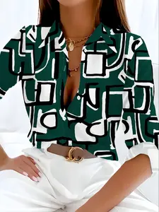 New Trendy Everyday Casual Geometric Pattern Printed Woven Chiffon Blouse Women Shirt Regular Long Sleeve Turn-Down Collar Irregular Geometry Print Fashionable Versatile Vacation Style Shirt Outerwear Business Digital Flower Type Printing Loose Fit Shirt