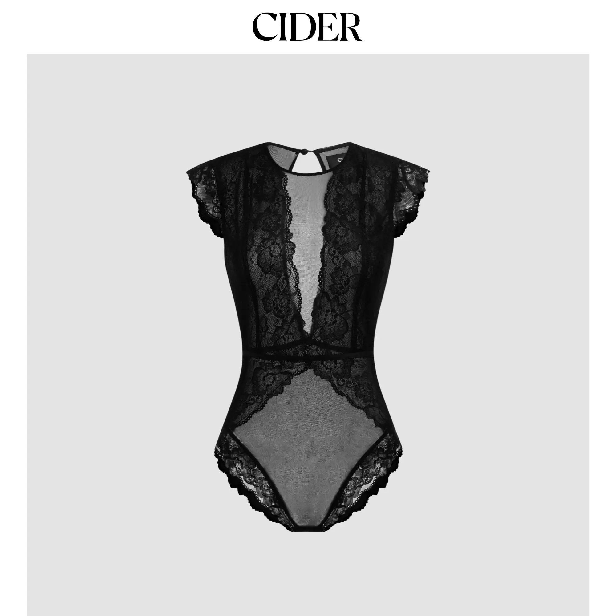 Cider Women's Romantic Lace Bodysuit, Solid See-through Lingerie with a Round Neckline and Cut Out Detail, Lace Trim Bodysuit, Lacy, Hand Wash, Sheer