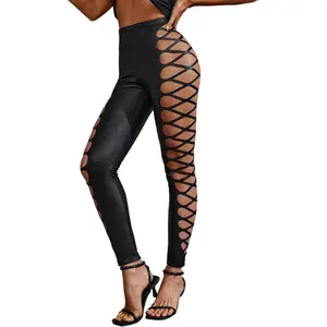 Women's Cut Out Sexy Leggings Criss Cross Skinny Pants Party Clubwear