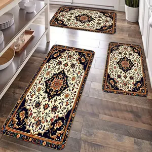 JIT 2/3pcs Kitchen Flannel Bohemian Exquisite floral pattern Decorative carpet Kitchen carpet set, flannel bedside set floor mat anti-slip washable bedside soft carpet, suitable for kitchen, laundry room, corridor floor running mat carpet