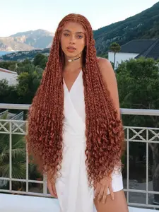 Handmade Boho Full Lace Braid Wig - Brown Curly Wavy Synthetic Hair, Knotless Box Braid Hair, Heat Resistant, Fluffy Soft Texture, Comfortable Lace for Daily & Special Occasions, No Maintenance Needed, Braided Lace Wigs